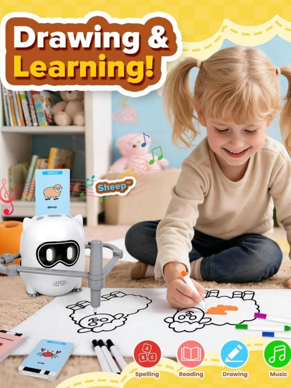Interactive Drawing Robot Toy for Kids 3-8, 200 Cards, Educational Art Machine